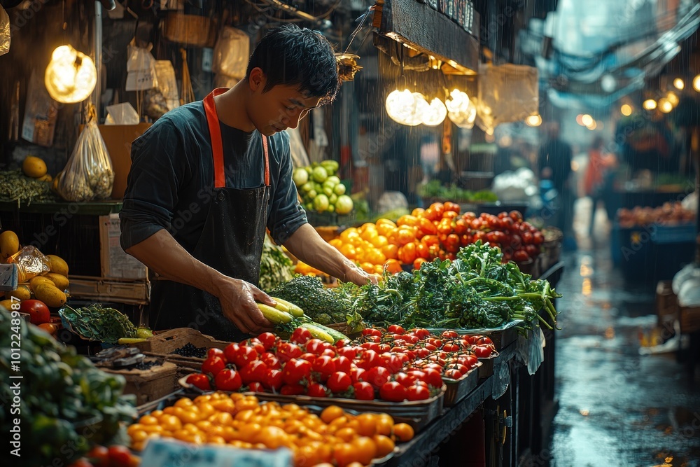 A man in an apron working at a produce stall in a bustling market, arranging fresh vegetables. A man in an apron working at a produce stall in a bustling market, arranging fresh vegetables.