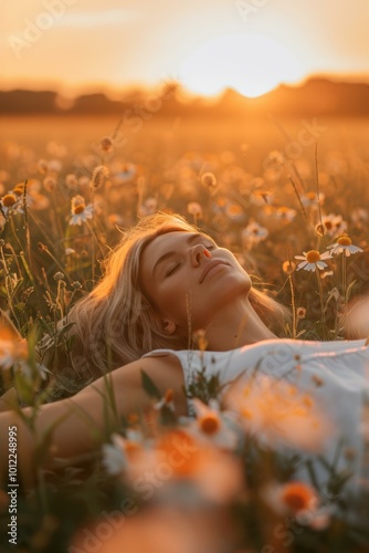 Woman relaxing in a field of wildflowers at sunset. AI.