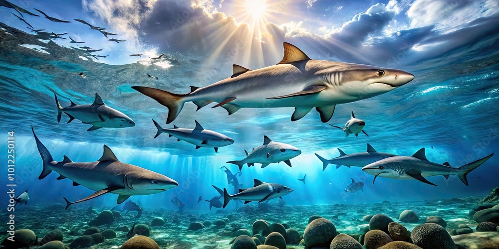 Obraz premium Graceful Sharks Swimming in Clear Blue Ocean Water, Displaying Their Elegance in Underwater World