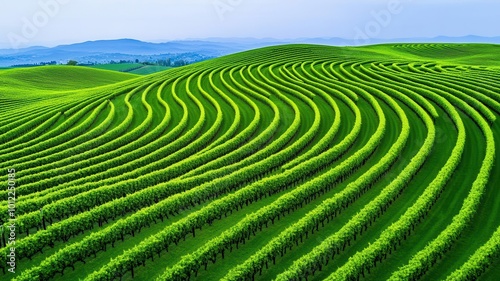 Aerial view of a vineyard, patterns of grapevines creating texture across rolling hills, Surreal, Watercolor, Green gradients, Soft textured light and shadow