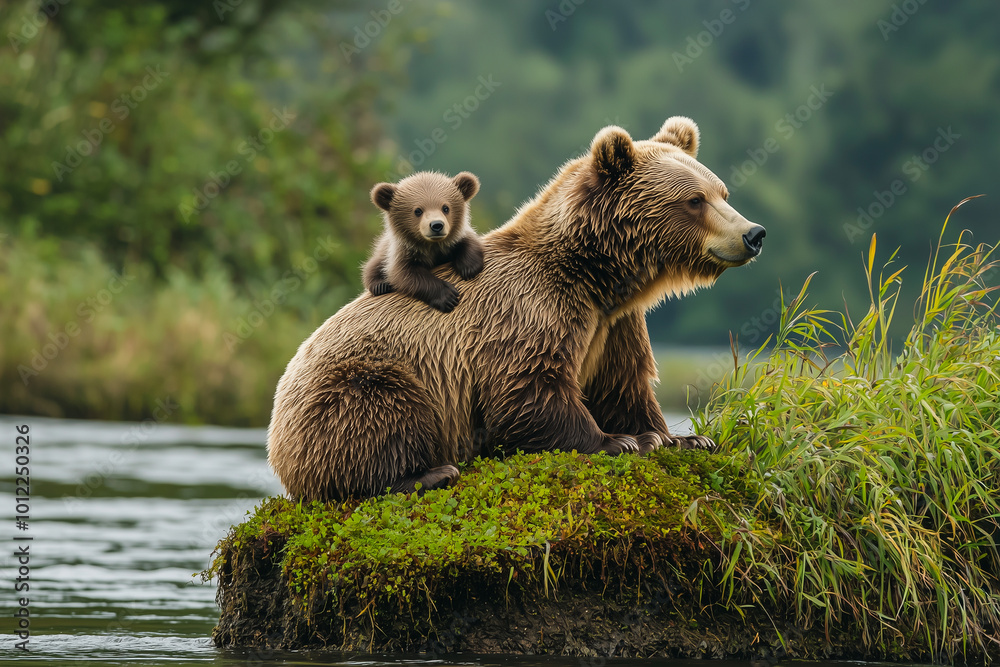 Obraz premium Mother and her baby bear in the summer forest