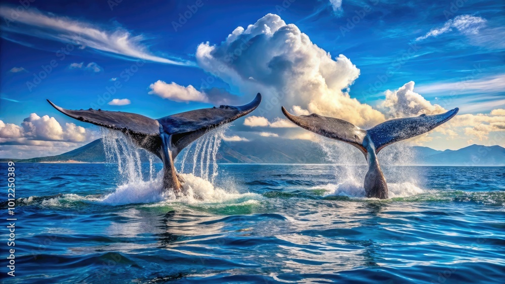 Fototapeta premium Graceful Whales Tails Surfacing in Crystal Clear Ocean Waters Under Bright Blue Skies