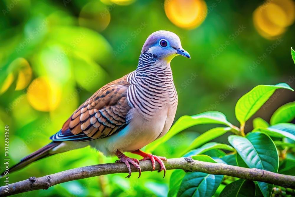 Graceful Zebra Dove Perched on Branch with Soft Green Leaves in a Natural Tropical Setting Graceful Zebra Dove Perched on Branch with Soft Green Leaves in a Natural Tropical Setting