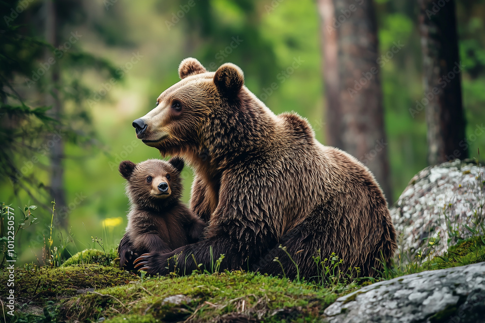 Obraz premium Mother and her baby bear in the summer forest