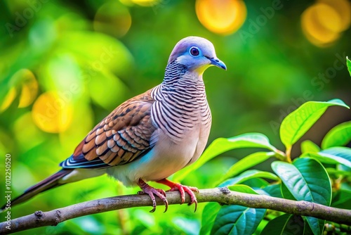 Graceful Zebra Dove Perched on Branch with Soft Green Leaves in a Natural Tropical Setting