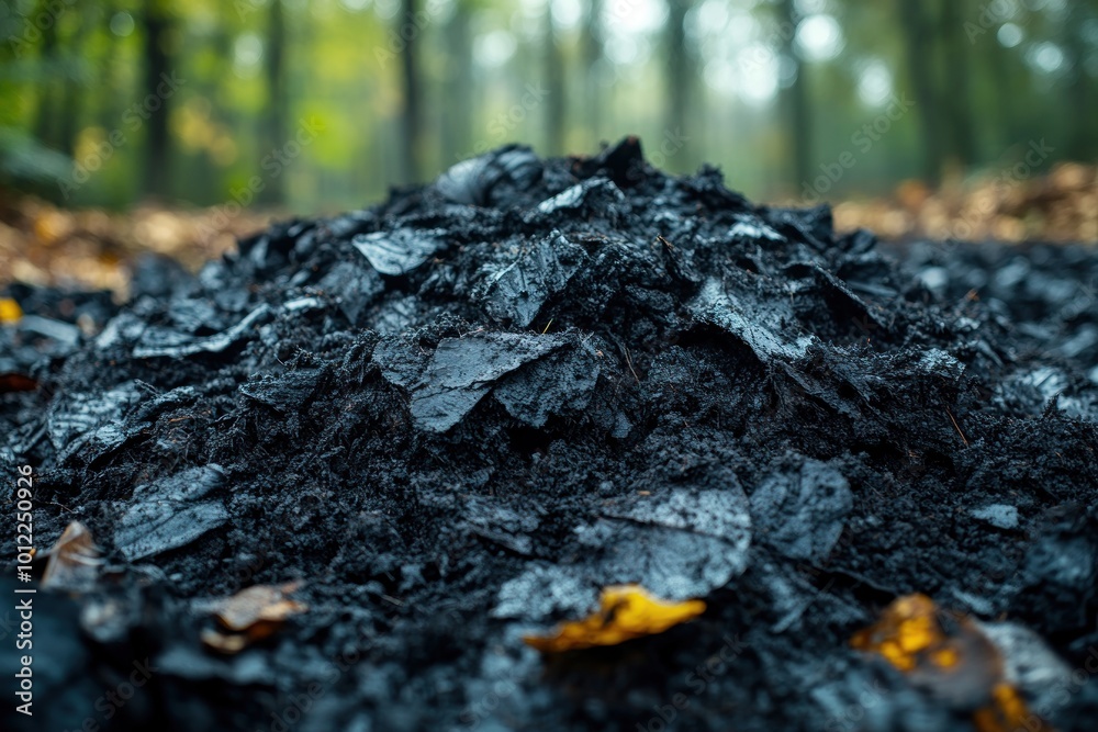 A close-up of a pile of black soil in a forest, with fallen leaves scattered around. A close-up of a pile of black soil in a forest, with fallen leaves scattered around.