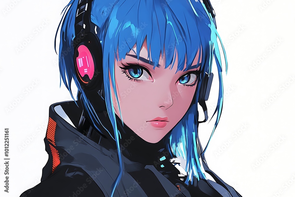 Cyberpunk anime girl with blue hair and headphones. Digital art style ...