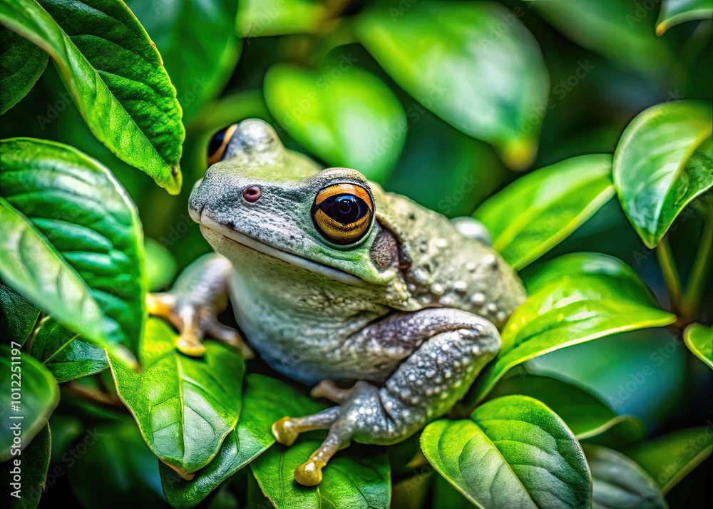 Gray Tree Frog Camouflaging Among Green Leaves in Georgia's Natural Habitat on a Sunny Day Gray Tree Frog Camouflaging Among Green Leaves in Georgia's Natural Habitat on a Sunny Day