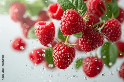 Raspberries and half slices suspended in the air with green leaves with water. Generative AI