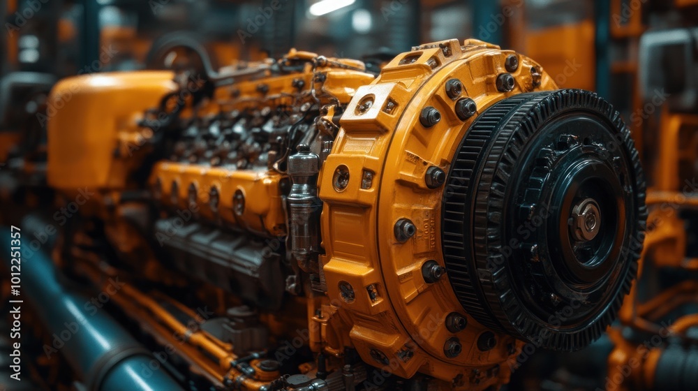 Close-up of a powerful yellow industrial engine with intricate details and a black pulley. Close-up of a powerful yellow industrial engine with intricate details and a black pulley.