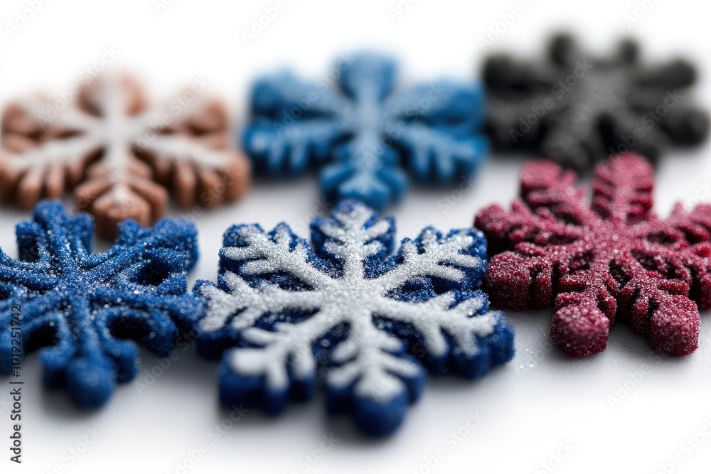 Obraz premium A mixed selection of blue, pink, and brown snowflake ornaments, each covered in shimmering glitter, laying spread across a white background for a festive look.