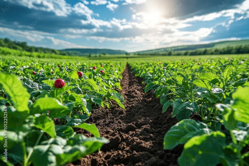 A row of potato plants in a field with red potato blossoms, under a sunny sky. A row of potato plants in a field with red potato blossoms, under a sunny sky.