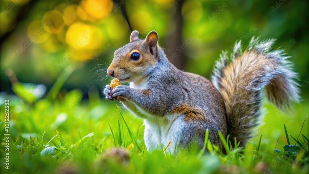 Grey Squirrel foraging for food in a lush green park during a sunny day in nature's habitat Grey Squirrel foraging for food in a lush green park during a sunny day in nature's habitat