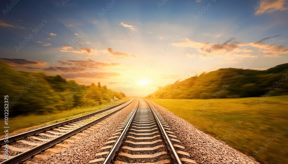 Fototapeta premium A railway track stretching into the sunset, bathed in warm hues of orange and gold, creating a picturesque scene that evokes a sense of journey and exploration.