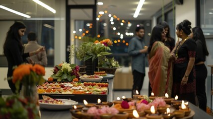 Festive Diwali Celebration in Office Setting with Traditional Attire and Festive Decor