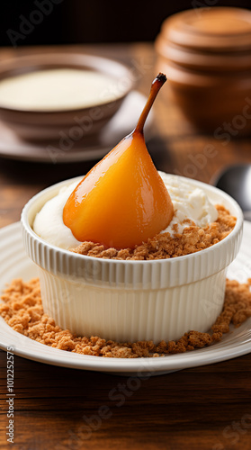 Portion of Poached Pear Crumble served in a small white ceramic ramekin with dollop of cream. Wooden table, vertical, side view. photo