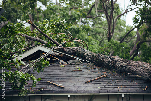 A tree branch has fallen on a house, leaving a large hole in the roof.,