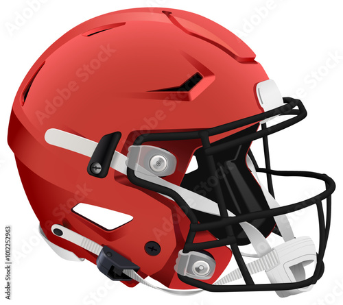 Realistic red american football helmet with black mask and chin strap