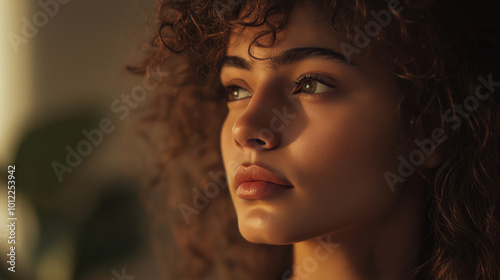 Young woman with curly hair basks in natural light, exuding peace and hopefulness, surrounded by warm colors and a tranquil atmosphere