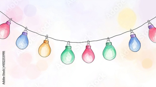 Colorful watercolor string lights are hanging on a line creating a festive atmosphere. The image has a cheerful and bright mood