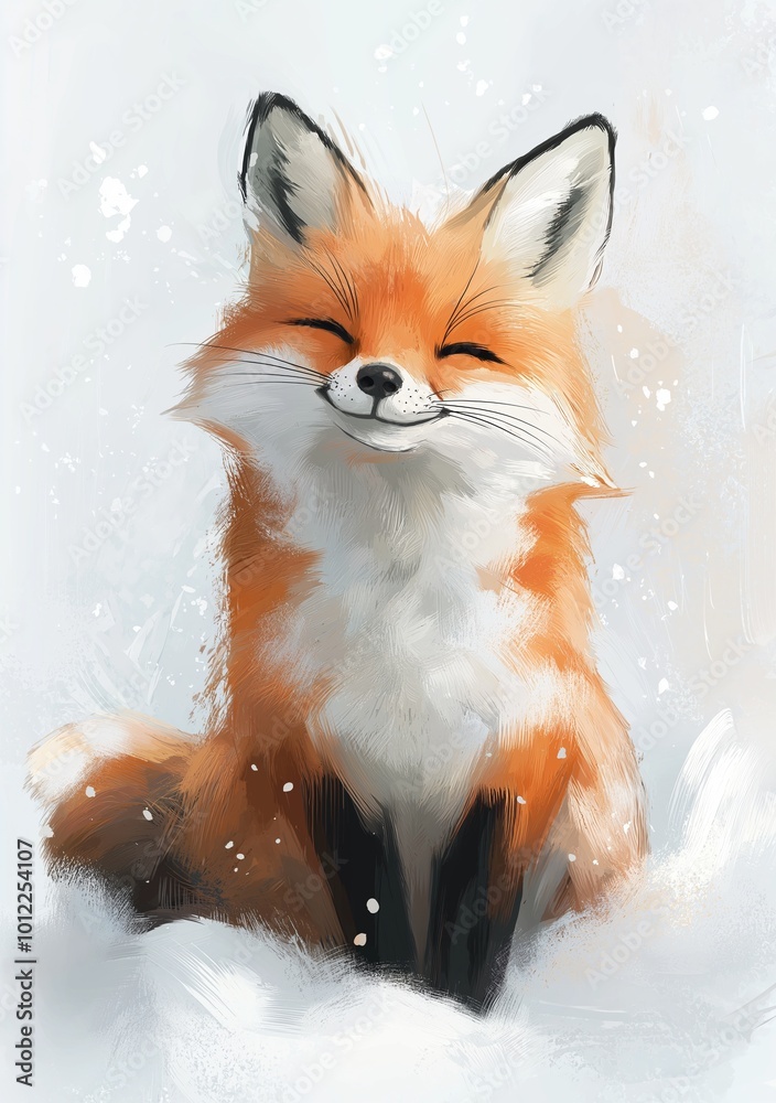 Obraz premium Happy red fox enjoys a snowy day, sitting peacefully in a beautiful winter landscape. Its cute smile and orange fur stand out against the white backdrop, making it perfect for heartwarming designs