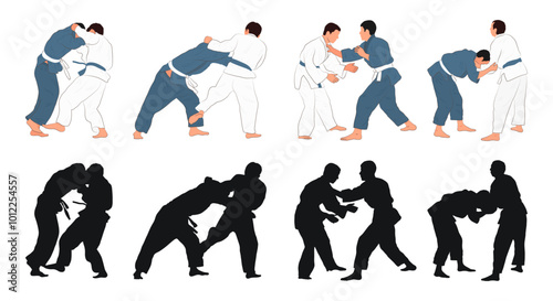 Judo set silhouettes on white background. Different action, pose. Martial arts, jiu jitsu, sport