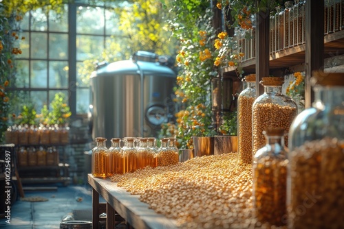 A rustic distillery with large glass jars filled with grains and bottles of amber liquid. photo