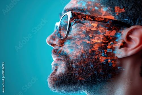 A profile view of a bearded man with glasses features a digital overlay, highlighting the connection between humans and digital identities in modern society.