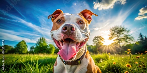 Happy Pitbull Dog Smiling Outdoors in Bright Sunshine with a Playful Expression and Wagging Tail photo