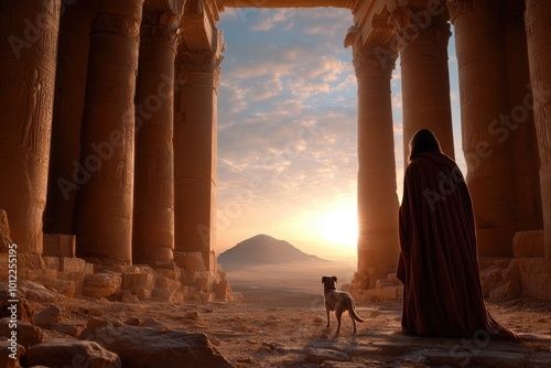 A person in a cloak with a dog admires a breathtaking sunrise from an ancient columned chamber, evoking feelings of companionship and wonder. photo