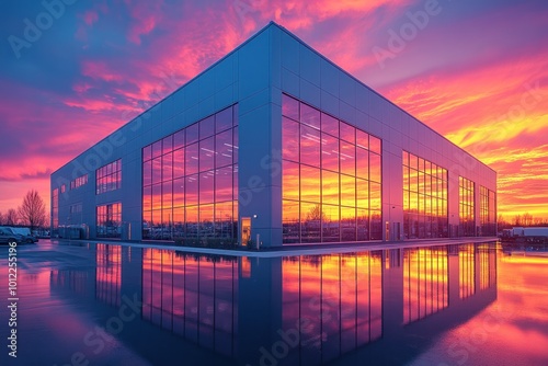 A modern glass building reflects a vibrant sunset with a puddle of water in front.