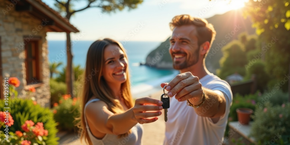 Obraz premium Love couple vacation house key in hands. Rent house, buy house ideas.