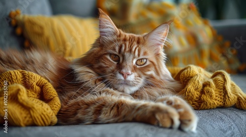 aesthetic big orange Maine Coon in a modern interior