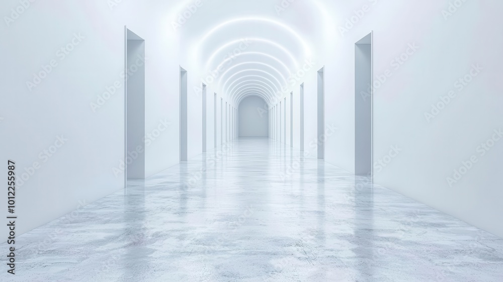 Obraz premium A serene, modern corridor with white walls and doors, featuring an illuminated archway that creates a tranquil atmosphere.