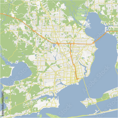Map of Pensacola in Florida in a normal road map style. Contains layered vector with roads water, parks, etc.