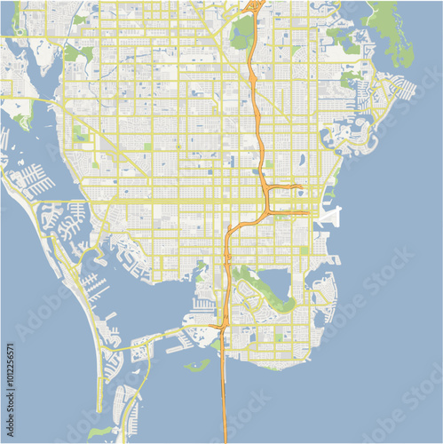 Map of St. Petersburg in Florida in a normal road map style. Contains layered vector with roads water, parks, etc.