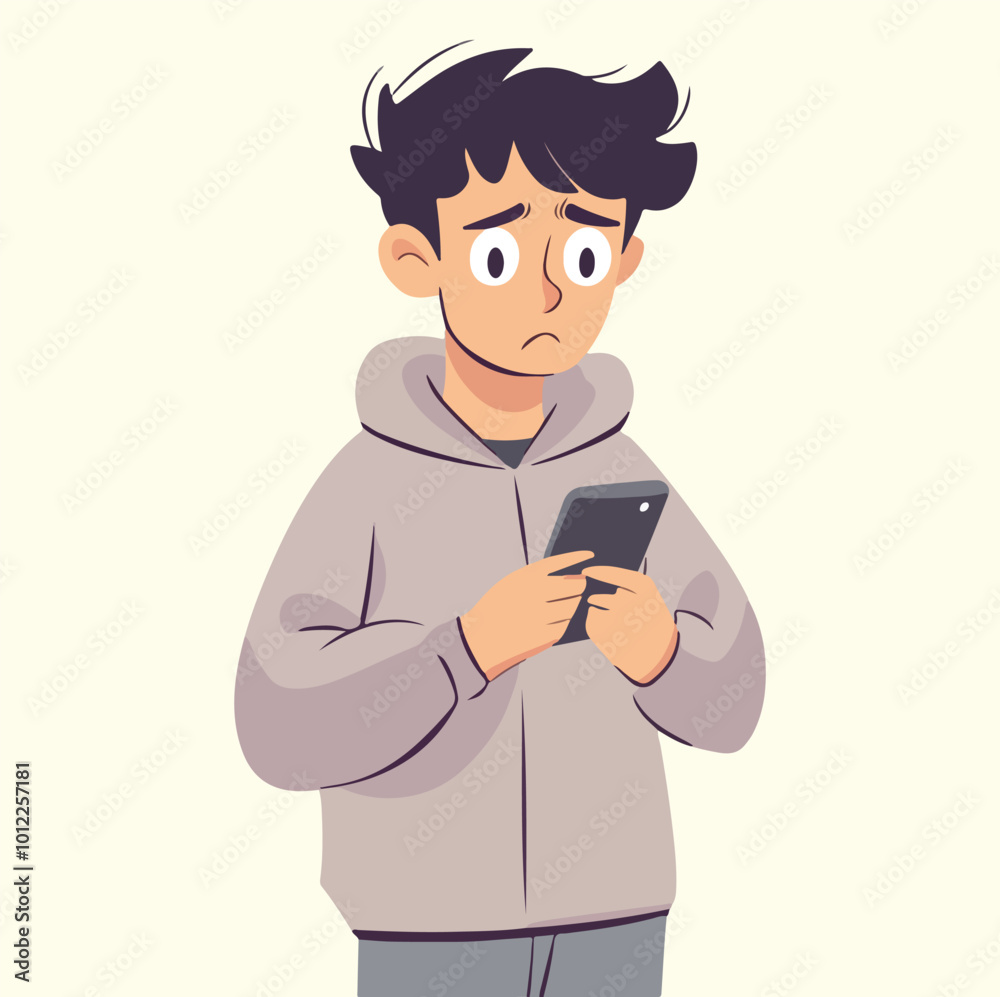 A boy confuses with smart phone concept illustration A boy confuses with smart phone concept illustration