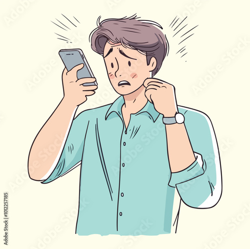 A boy confuses with smart phone concept illustration