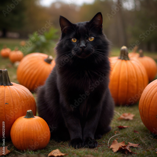 Black cat posing elegantly among orange pumpkins in a Halloween-themed garden copy space