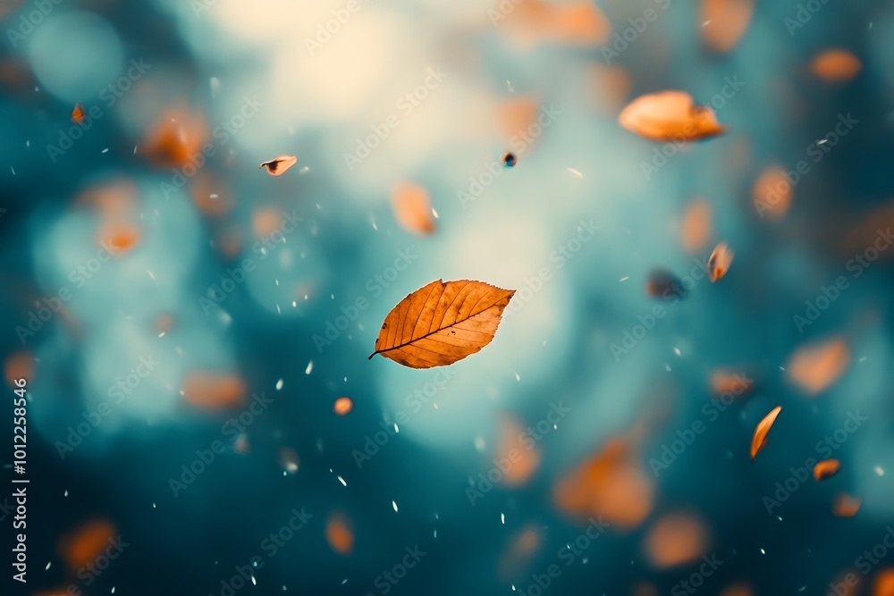 Close-up of a vibrant autumn leaf falling with motion blur with copy space. Soft golden light. Sky background. Close-up of a vibrant autumn leaf falling with motion blur with copy space. Soft golden light. Sky background.