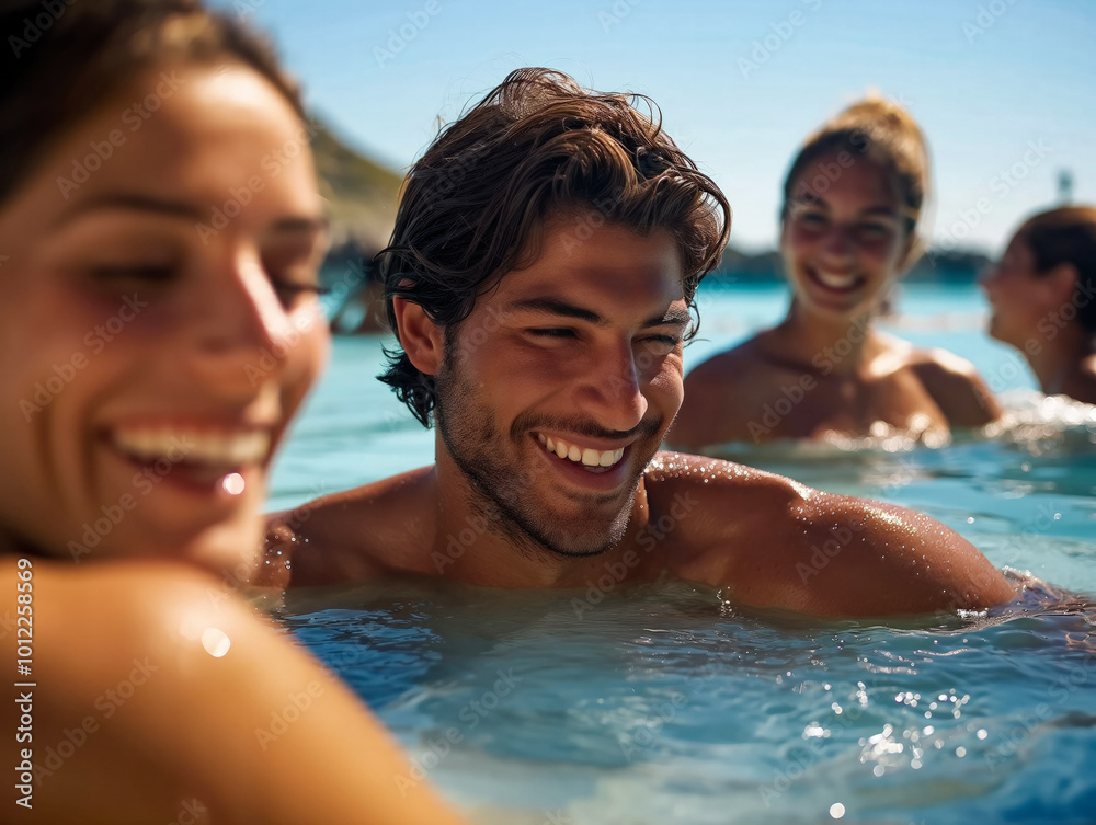A man and a woman are smiling in a pool. The man is wearing a shirtless and the woman is wearing a bikini. Scene is happy and relaxed A man and a woman are smiling in a pool. The man is wearing a shirtless and the woman is wearing a bikini. Scene is happy and relaxed