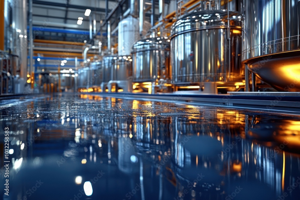 custom made wallpaper toronto digitalA row of stainless steel tanks in a modern factory setting, reflecting the overhead lights in a wet floor.