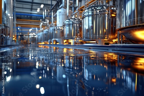 A row of stainless steel tanks in a modern factory setting, reflecting the overhead lights in a wet floor.