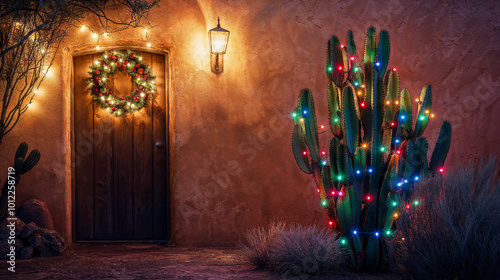 Christmas lights in front of southwestern adobe house at night photo