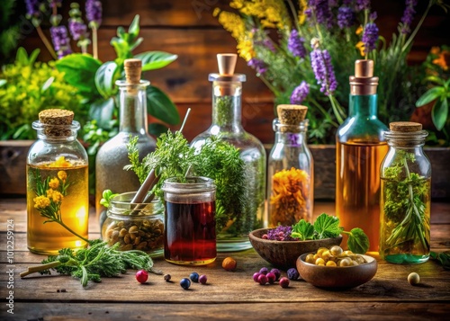 Herbal tincture ingredients arranged beautifully with glass bottles and fresh herbs on wooden table