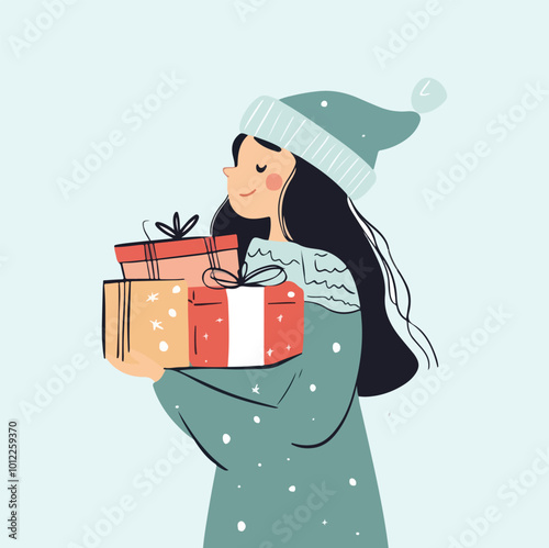 A girl with presents box hand draw illustration