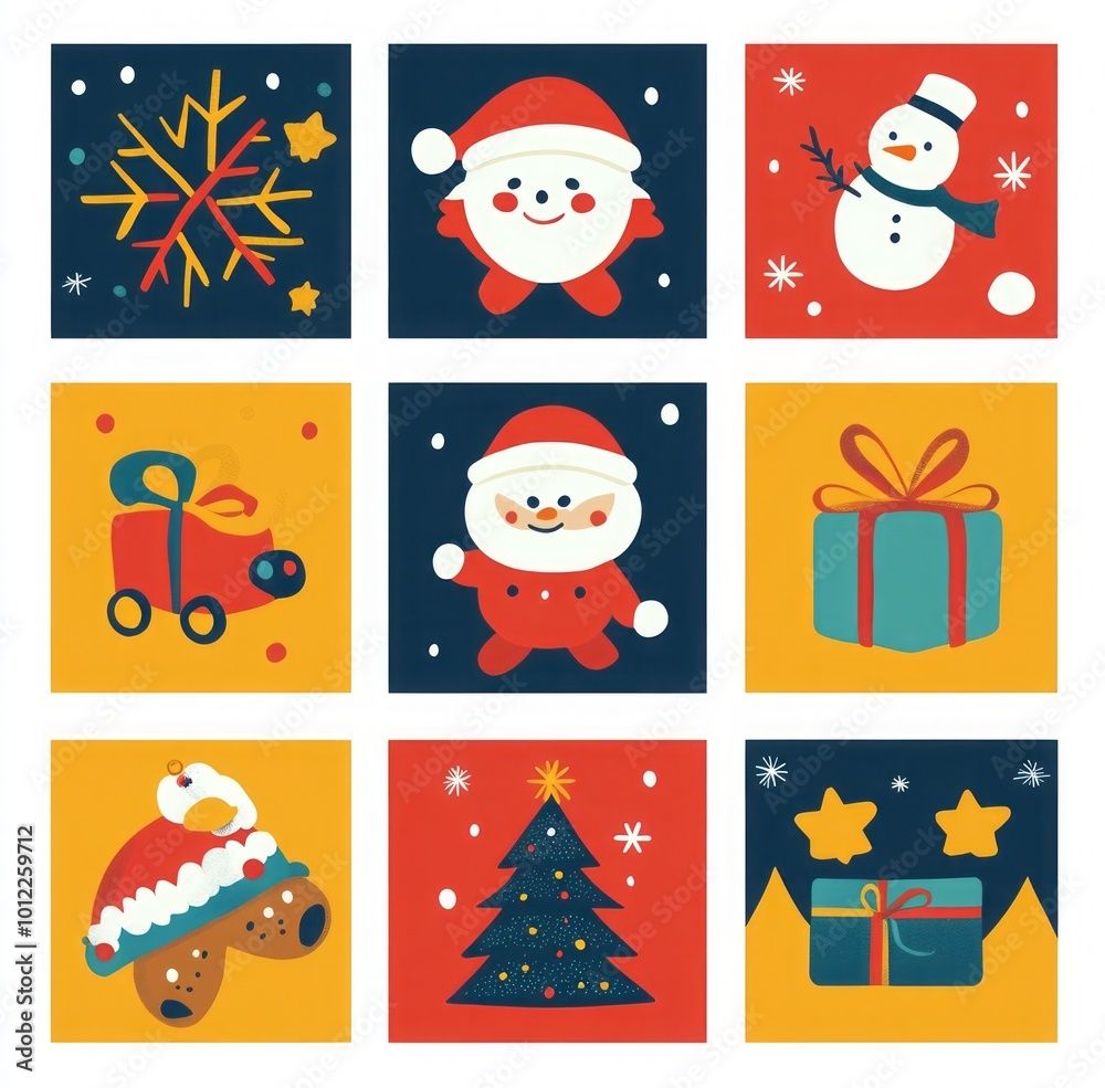 colorful, flat illustrations featuring Christmas symbols like a Santa Claus hat and a gingerbread man in playful poses, cheerful and suitable for children's wall art or t-shirt printing. colorful, flat illustrations featuring Christmas symbols like a Santa Claus hat and a gingerbread man in playful poses, cheerful and suitable for children's wall art or t-shirt printing.