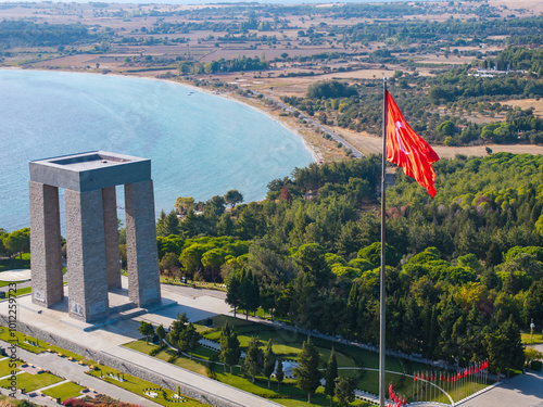 Turkish Flag (Turk Bayragi) and Martyrs' Memorial Drone Photo, Canakkale Martyrdom Seddülbahir, Canakkale Türkiye (Turkey) photo