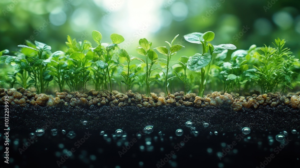 Row of green seedlings growing in rich soil with water bubbles below. Row of green seedlings growing in rich soil with water bubbles below.