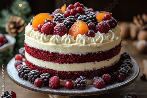 Wallpaper Mural A red velvet cake layered with whipped cream and topped with fresh berries and powdered sugar. Torontodigital.ca